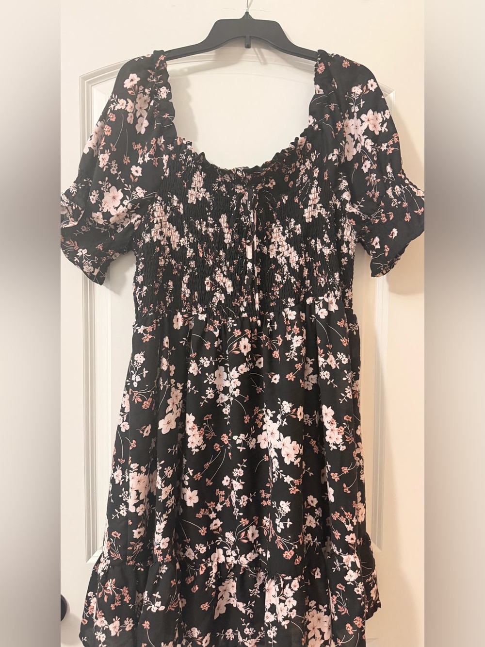 Blush Black Floral Smocked Puff-Sleeve Dress